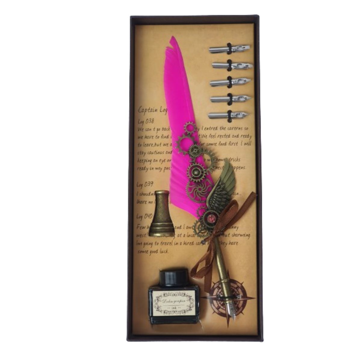 Kit Caneta Tinteiro Pena Engrenagem Rosa Kit Caneta Tinteiro Pena Engrenagem Rosa